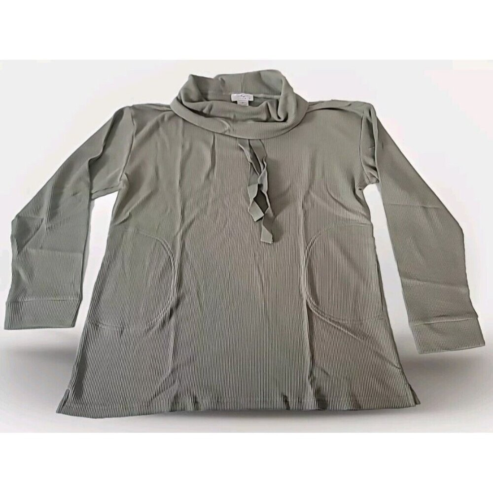 OSO Casual Gravett Pullover Sweatshirt L Green Cowl Neck Draw String Waffle Knit